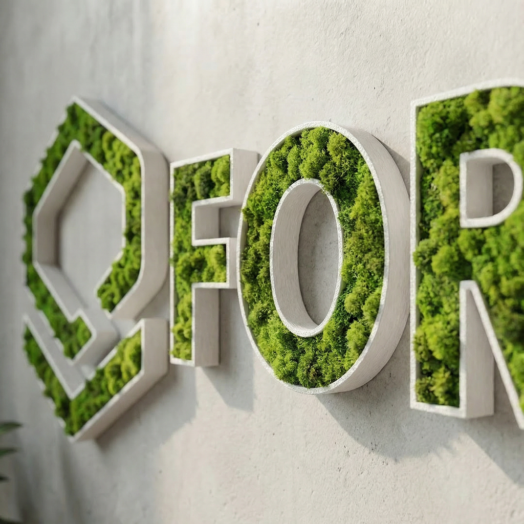 FORMR Wall Logo · Green -3D-Logo mit natürlichem Moos – auf Wunsch mit Abstandshaltern montierbar.